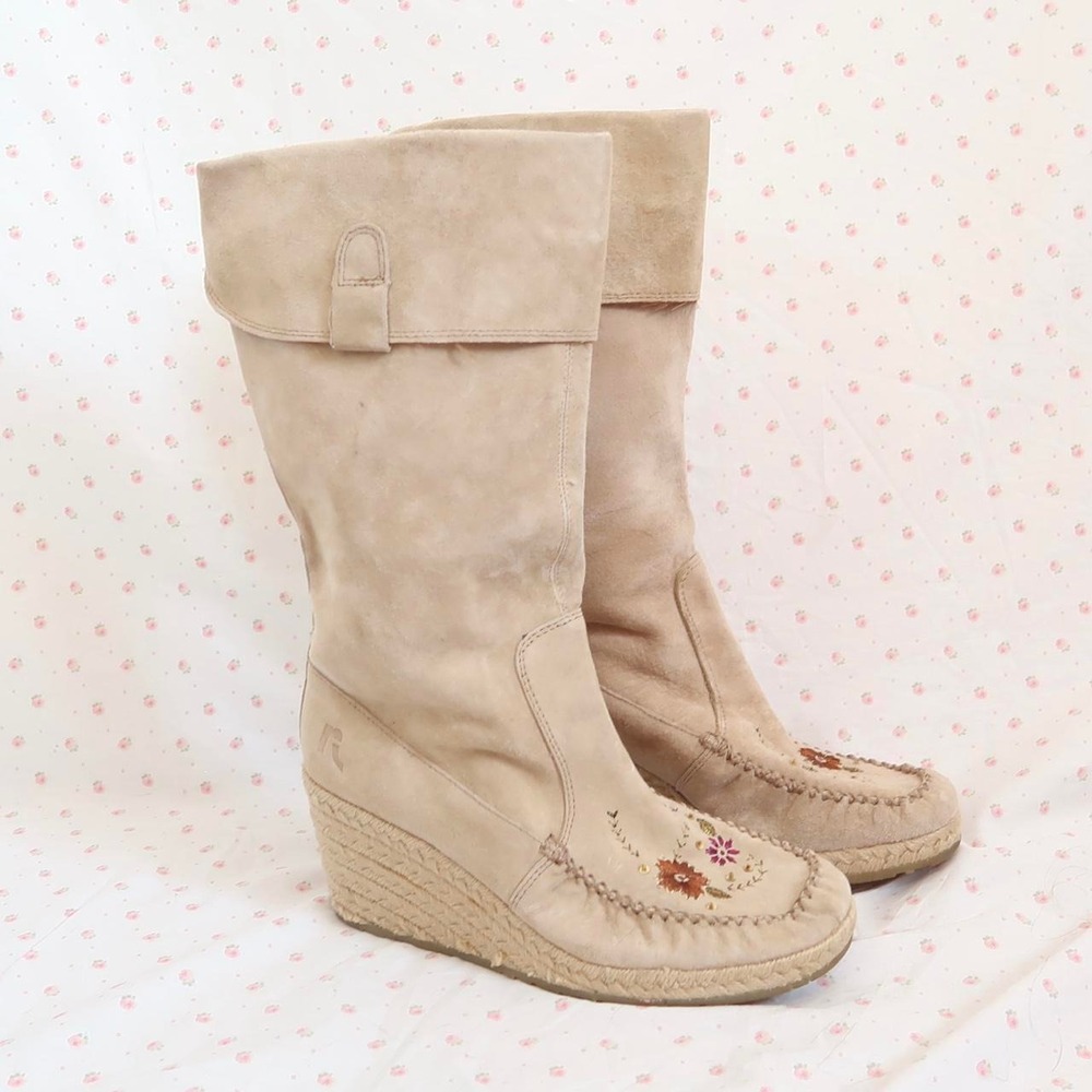 vintage cream suede boots y2k embroidered floral wedge boots